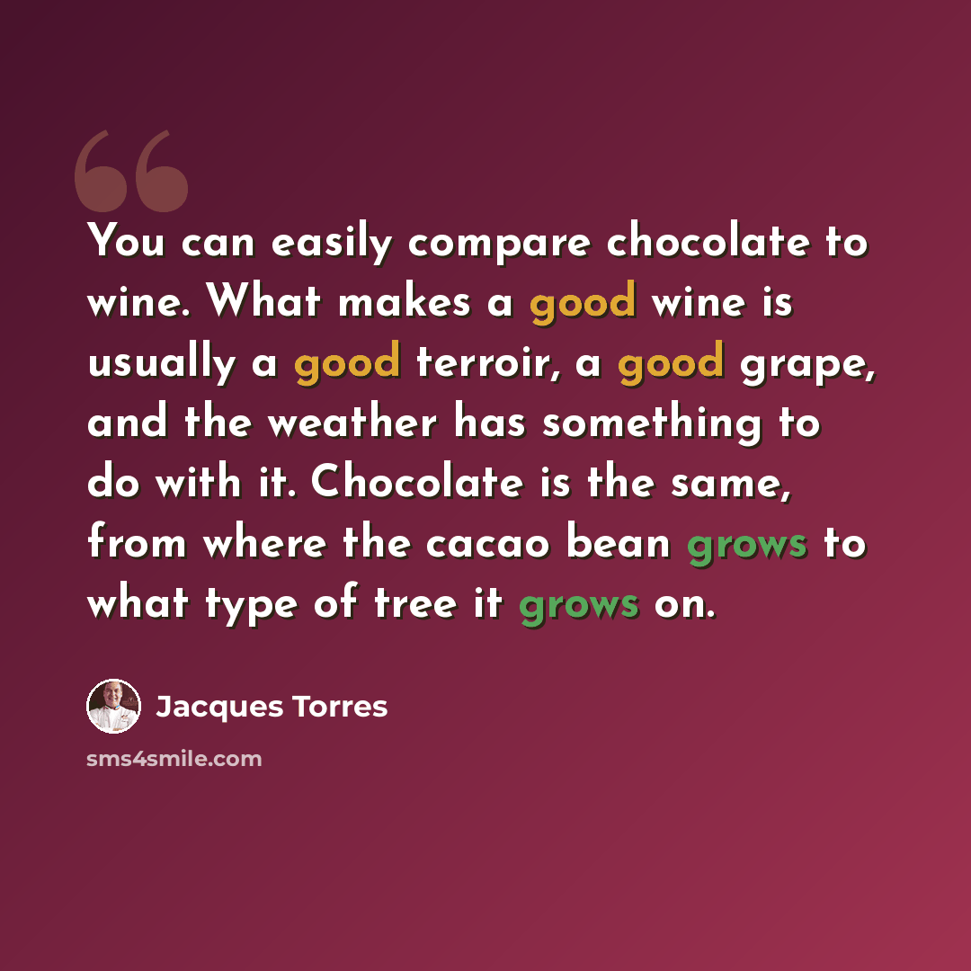 “You can easily compare chocolate to wine. What makes a good wine is usually a good terroir, a good grape, and the weather has something to do with it. Chocolate is the same, from where the cacao bean grows to what type of tree it grows on.” quote by Jacques Torres