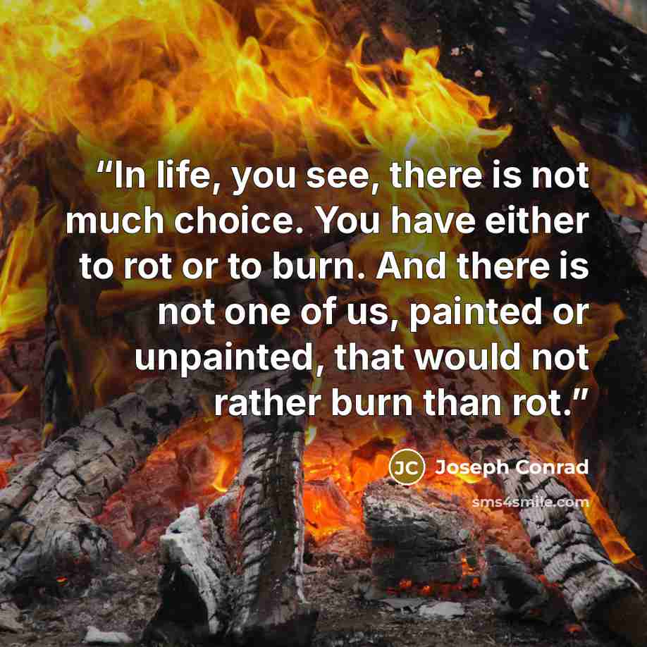 “In life, you see, there is not much choice. You have either to rot or to burn. And there is not one of us, painted or unpainted, that would not rather burn than rot.” quote by Joseph Conrad