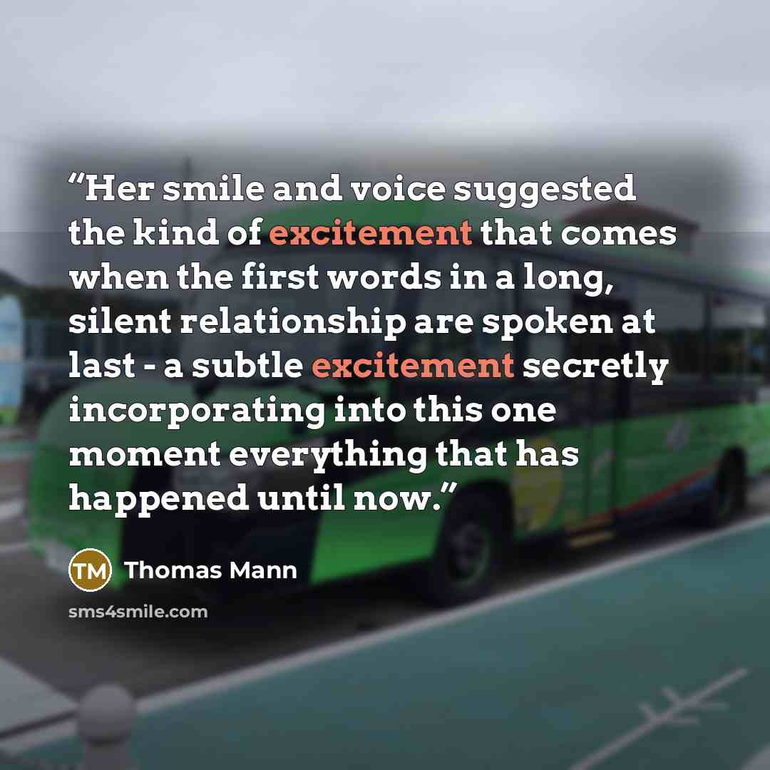 “Her smile and voice suggested the kind of excitement that comes when the first words in a long, silent relationship are spoken at last - a subtle excitement secretly incorporating into this one moment everything that has happened until now.” quote by Thomas Mann