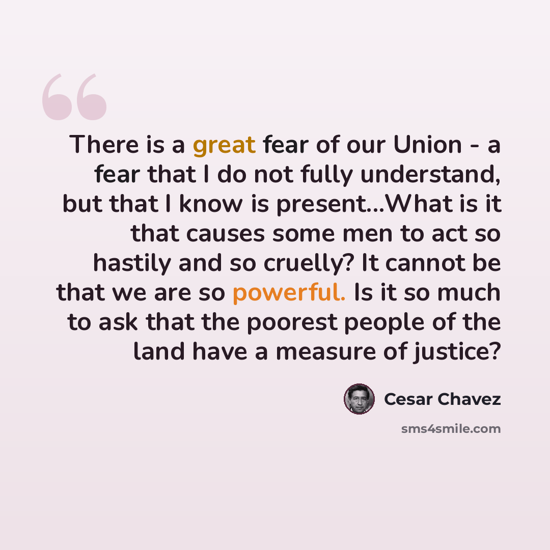 “There is a great fear of our Union - a fear that I do not fully understand, but that I know is present...What is it that causes some men to act so hastily and so cruelly? It cannot be that we are so powerful. Is it so much to ask that the poorest people of the land have a measure of justice?” quote by Cesar Chavez