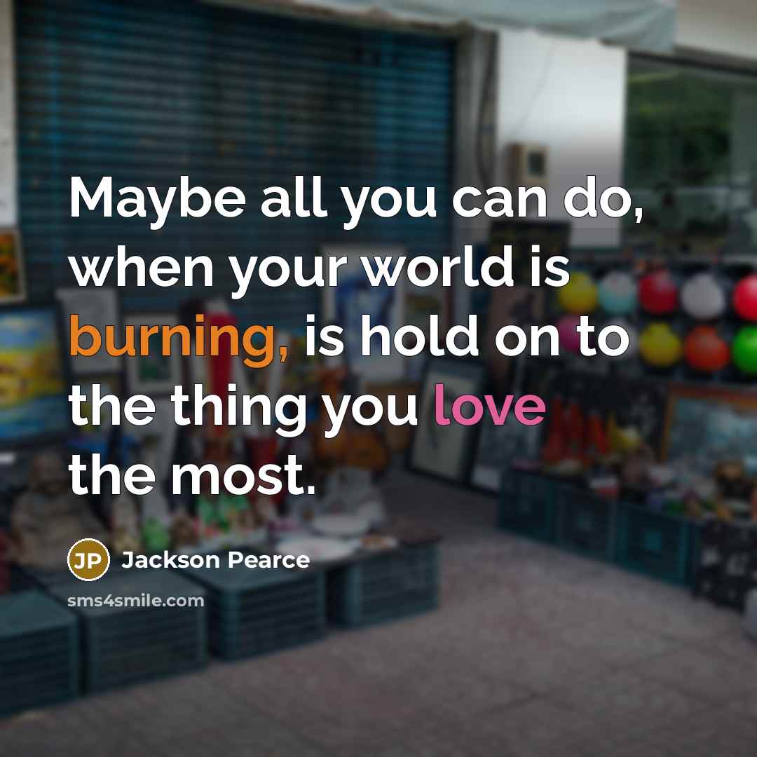 “Maybe all you can do, when your world is burning, is hold on to the thing you love the most.” quote by Jackson Pearce