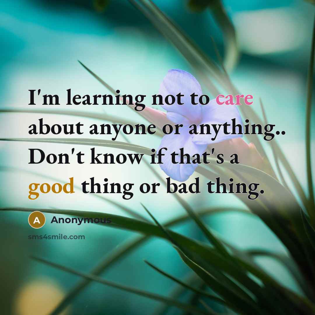 “I'm learning not to care about anyone or anything.. Don't know if that's a good thing or bad thing.” quote by Anonymous
