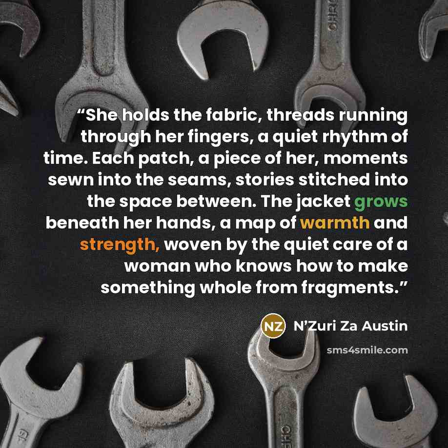 “She holds the fabric, threads running through her fingers, a quiet rhythm of time. Each patch, a piece of her, moments sewn into the seams, stories stitched into the space between. The jacket grows beneath her hands, a map of warmth and strength, woven by the quiet care of a woman who knows how to…” quote by N’Zuri Za Austin