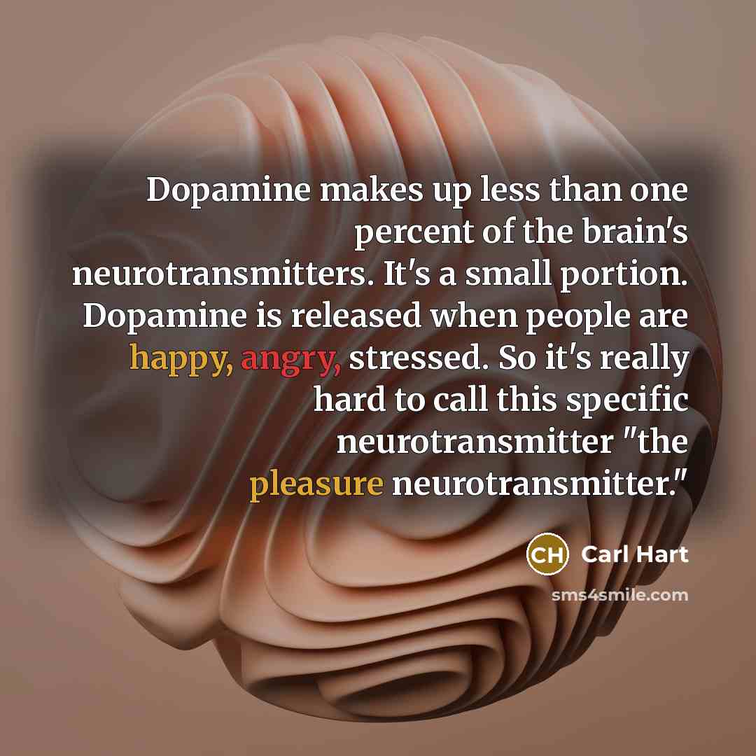 “Dopamine makes up less than one percent of the brain's neurotransmitters. It's a small portion. Dopamine is released when people are happy, angry, stressed. So it's really hard to call this specific neurotransmitter "the pleasure neurotransmitter."” quote by Carl Hart
