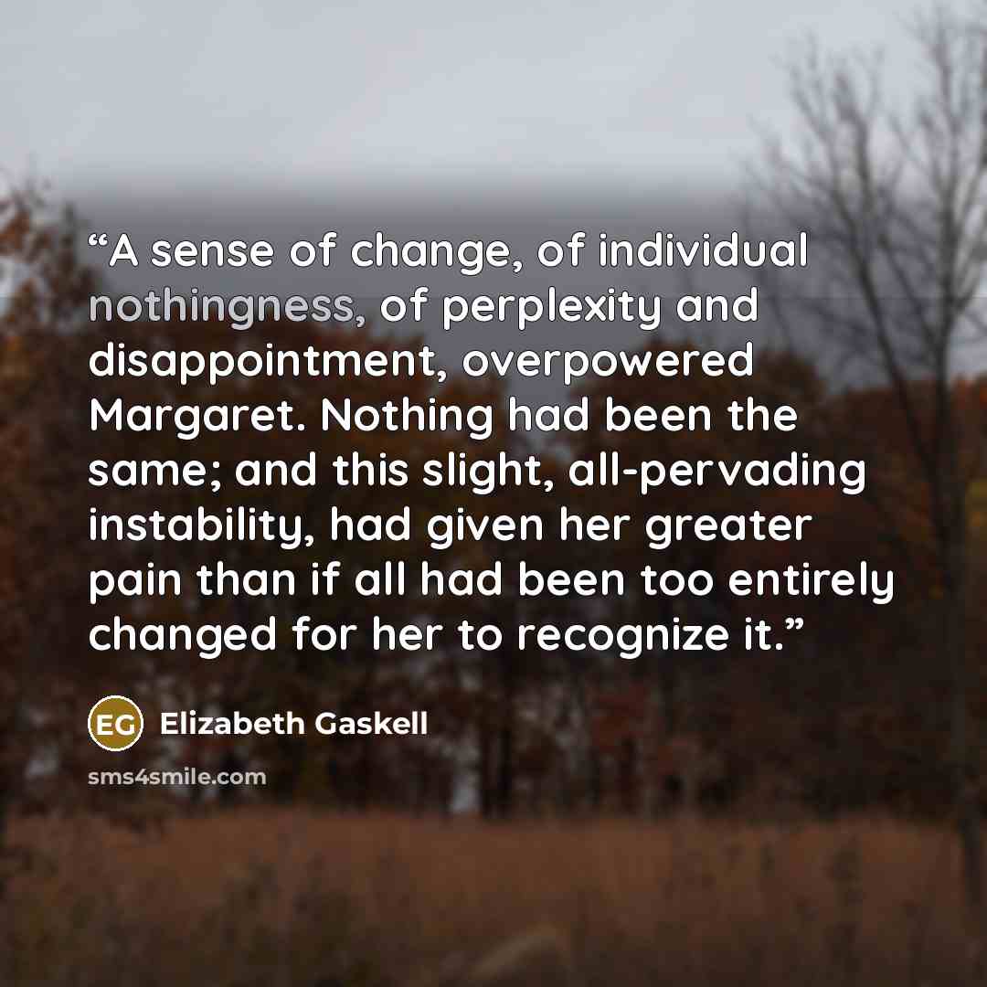 “A sense of change, of individual nothingness, of perplexity and disappointment, overpowered Margaret. Nothing had been the same; and this slight, all-pervading instability, had given her greater pain than if all had been too entirely changed for her to recognize it.” quote by Elizabeth Gaskell