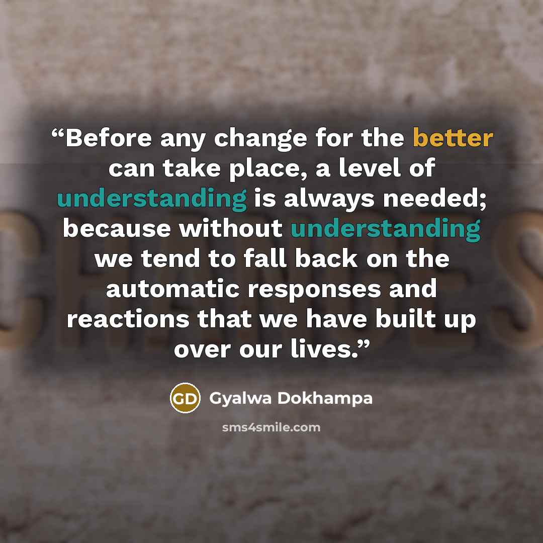 “Before any change for the better can take place, a level of understanding is always needed; because without understanding we tend to fall back on the automatic responses and reactions that we have built up over our lives.” quote by Gyalwa Dokhampa