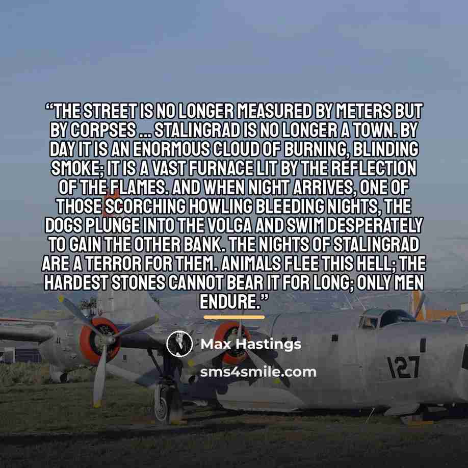 “The street is no longer measured by meters but by corpses ... Stalingrad is no longer a town. By day it is an enormous cloud of burning, blinding smoke; it is a vast furnace lit by the reflection of the flames. And when night arrives, one of those scorching howling bleeding nights, the dogs plunge…” quote by Max Hastings