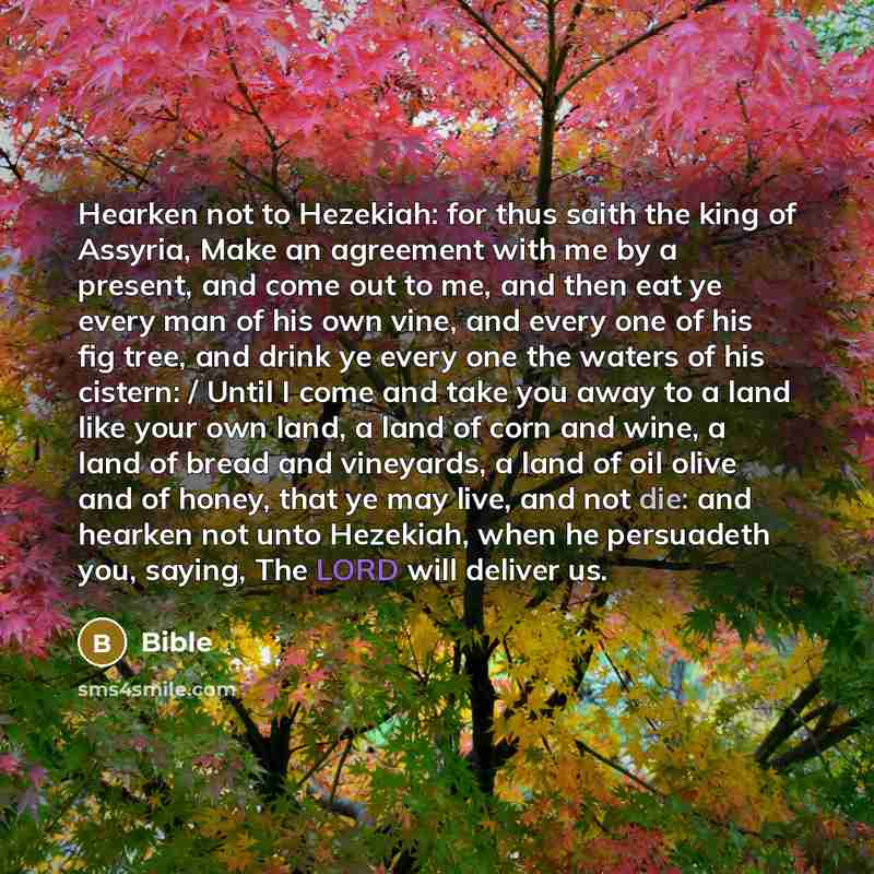 “Hearken not to Hezekiah: for thus saith the king of Assyria, Make an agreement with me by a present, and come out to me, and then eat ye every man of his own vine, and every one of his fig tree, and drink ye every one the waters of his cistern: / Until I come and take you away to a land like your…” quote by Bible