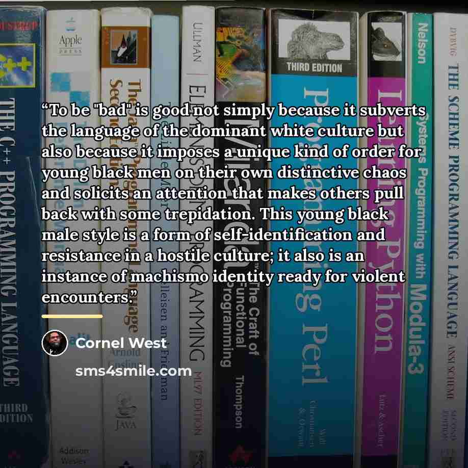 “To be "bad" is good not simply because it subverts the language of the dominant white culture but also because it imposes a unique kind of order for young black men on their own distinctive chaos and solicits an attention that makes others pull back with some trepidation. This young black male…” quote by Cornel West