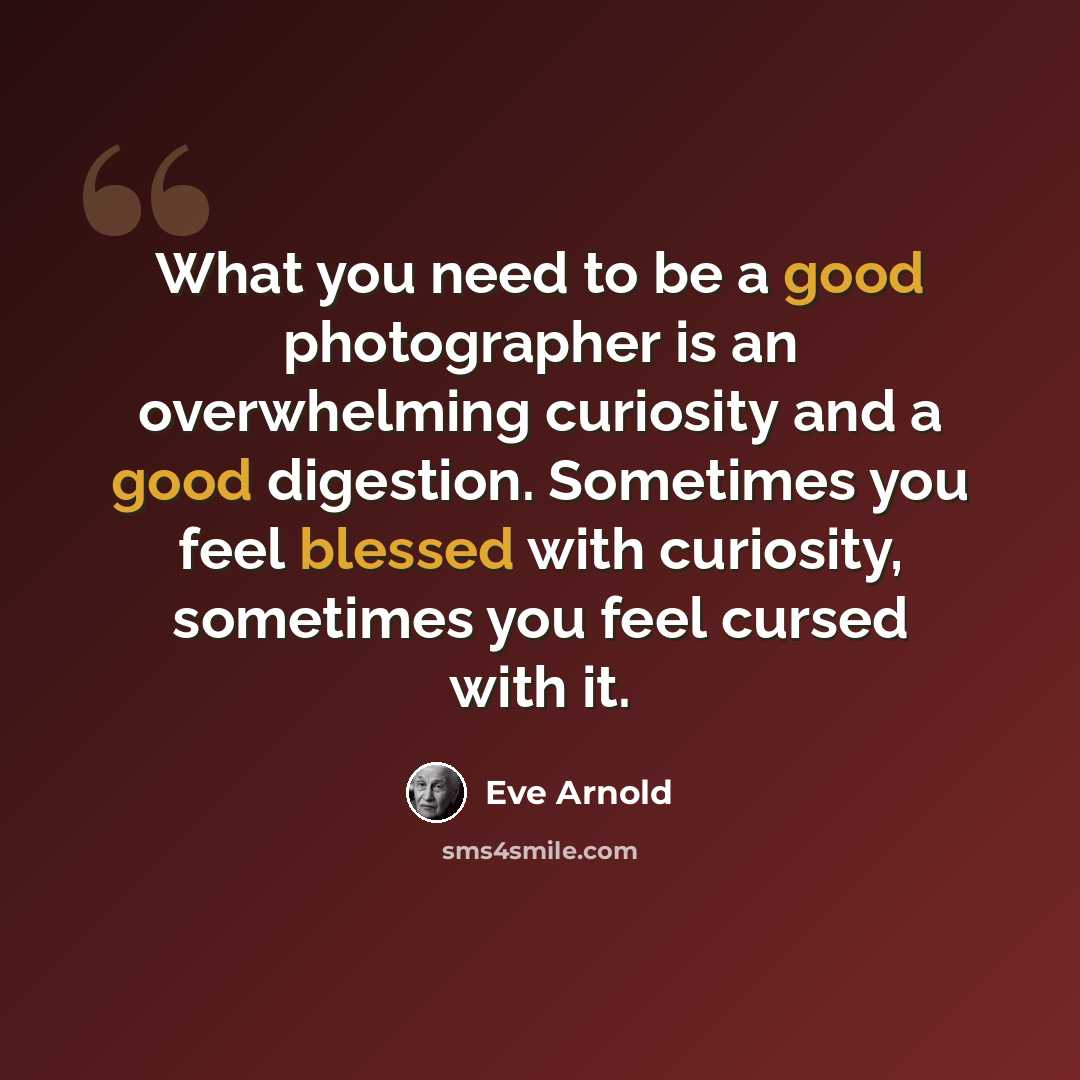 “What you need to be a good photographer is an overwhelming curiosity and a good digestion. Sometimes you feel blessed with curiosity, sometimes you feel cursed with it.” quote by Eve Arnold