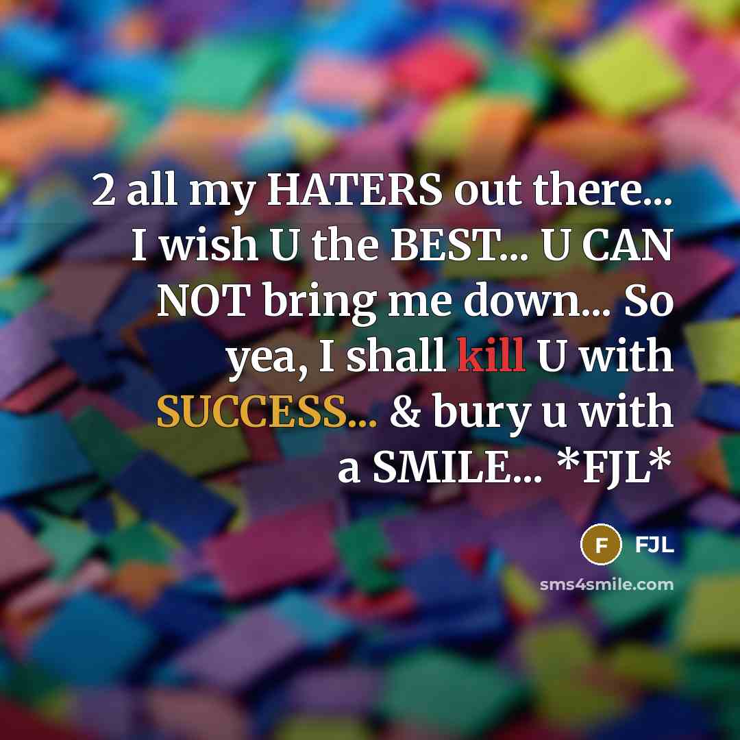 “2 all my HATERS out there... I wish U the BEST... U CAN NOT bring me down... So yea, I shall kill U with SUCCESS... & bury u with a SMILE... *FJL*” quote by FJL