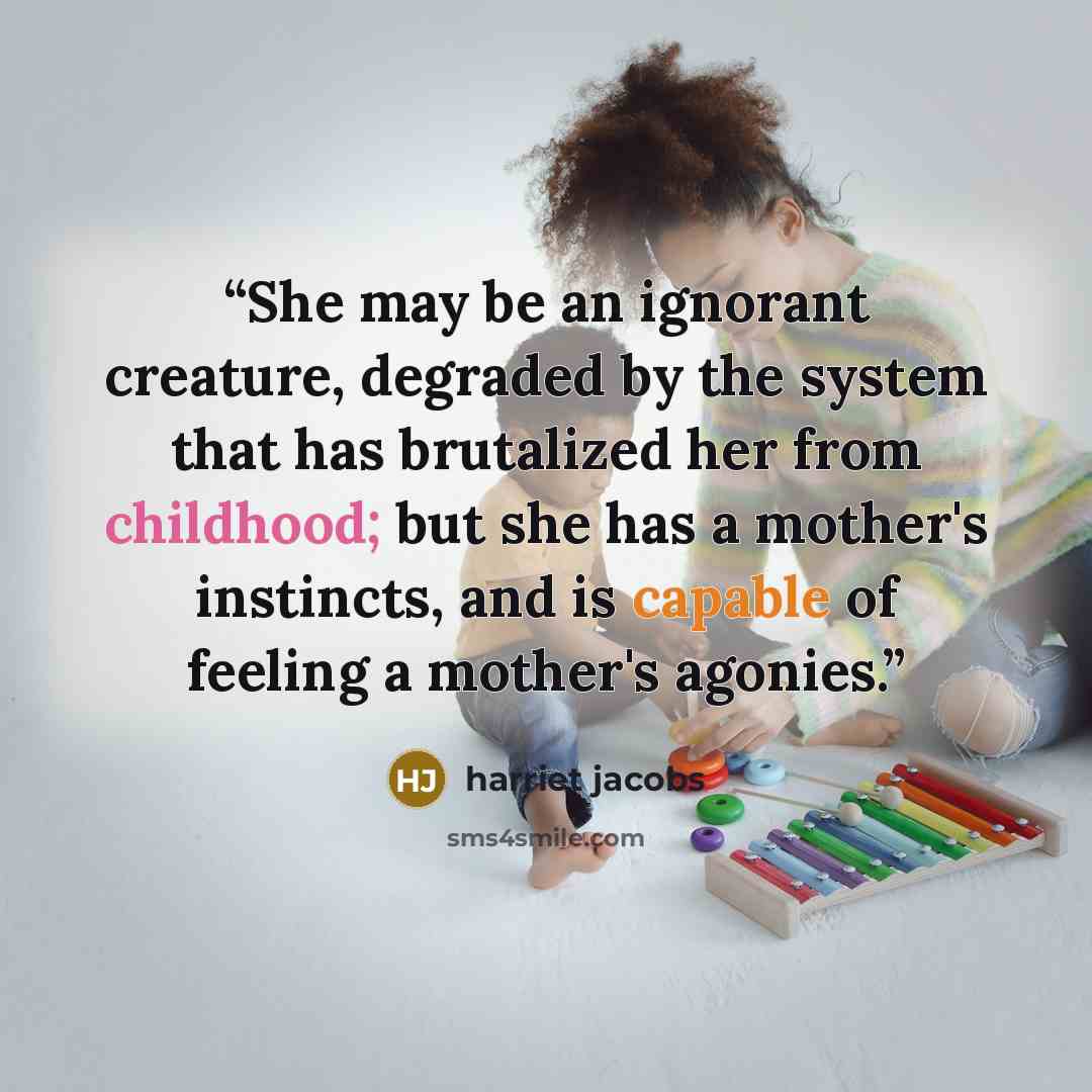 “She may be an ignorant creature, degraded by the system that has brutalized her from childhood; but she has a mother's instincts, and is capable of feeling a mother's agonies.” quote by Harriet Jacobs