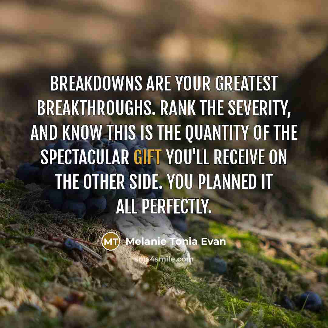 “Breakdowns are your greatest breakthroughs. Rank the severity, and know this is the quantity of the spectacular gift you'll receive on the other side. You planned it all perfectly.” quote by Melanie Tonia Evan