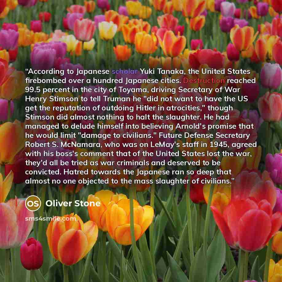 “According to Japanese scholar Yuki Tanaka, the United States firebombed over a hundred Japanese cities. Destruction reached 99.5 percent in the city of Toyama, driving Secretary of War Henry Stimson to tell Truman he "did not want to have the US get the reputation of outdoing Hitler in…” quote by Oliver Stone