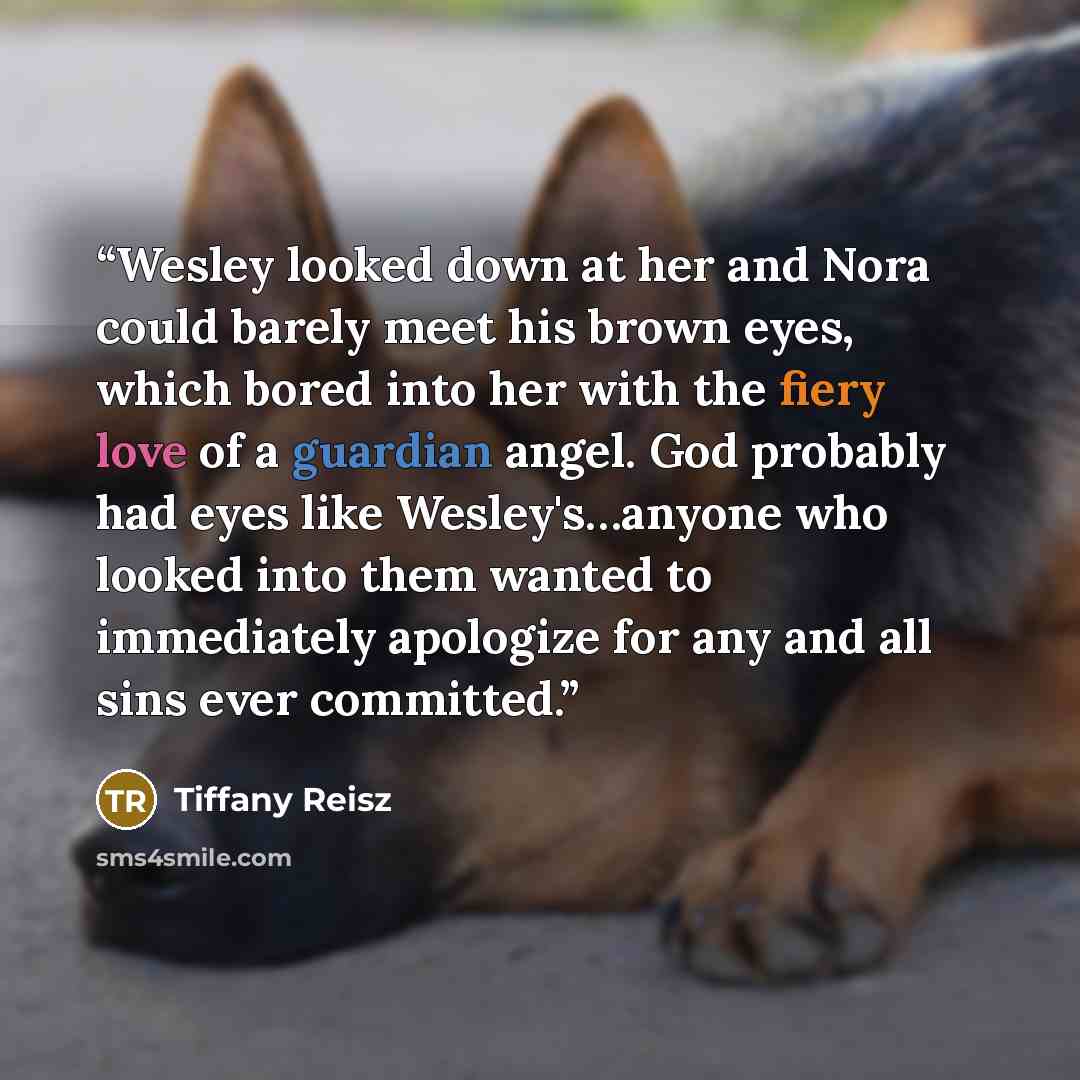 “Wesley looked down at her and Nora could barely meet his brown eyes, which bored into her with the fiery love of a guardian angel. God probably had eyes like Wesley's…anyone who looked into them wanted to immediately apologize for any and all sins ever committed.” quote by Tiffany Reisz