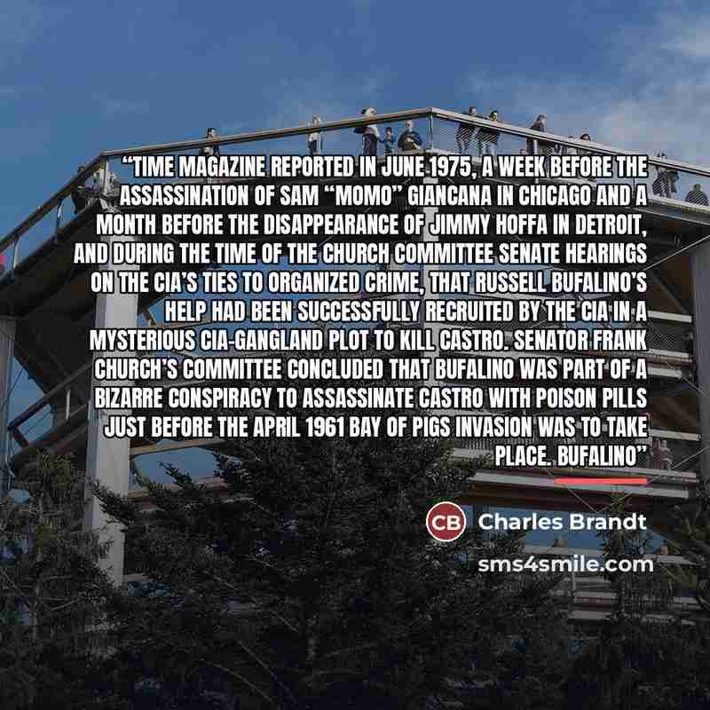 “Time magazine reported in June 1975, a week before the assassination of Sam “Momo” Giancana in Chicago and a month before the disappearance of Jimmy Hoffa in Detroit, and during the time of the Church Committee Senate hearings on the CIA’s ties to organized crime, that Russell Bufalino’s help had…” quote by Charles Brandt