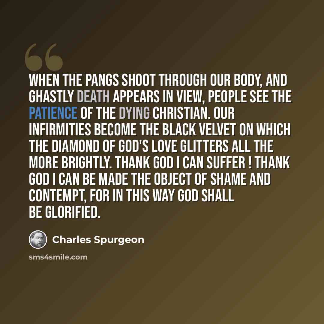 “When the pangs shoot through our body, and ghastly death appears in view, people see the patience of the dying Christian. Our infirmities become the black velvet on which the diamond of God's love glitters all the more brightly. Thank God I can suffer ! Thank God I can be made the object of shame…” quote by Charles Spurgeon