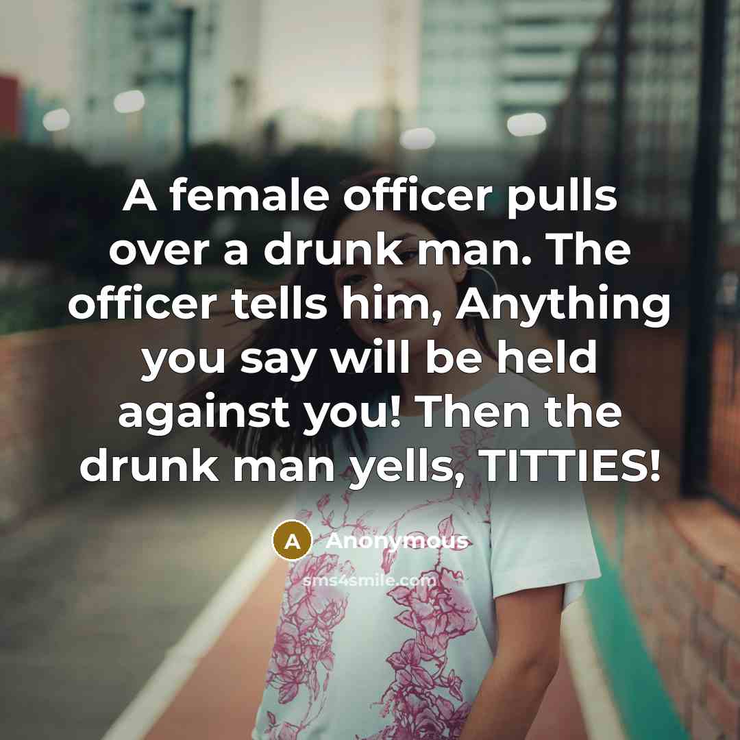 “A female officer pulls over a drunk man. The officer tells him, Anything you say will be held against you! Then the drunk man yells, TITTIES!” quote by Anonymous