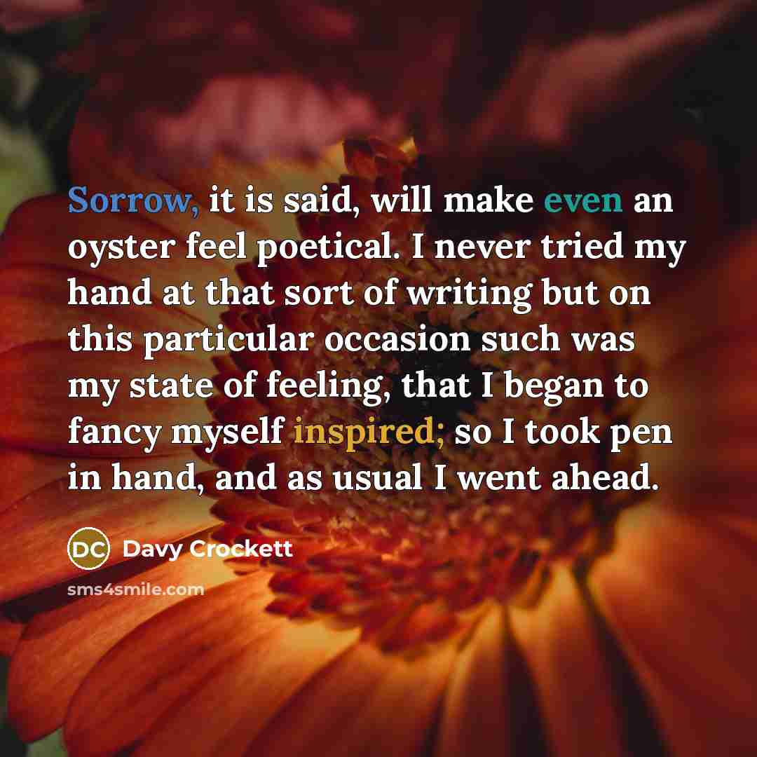 “Sorrow, it is said, will make even an oyster feel poetical. I never tried my hand at that sort of writing but on this particular occasion such was my state of feeling, that I began to fancy myself inspired; so I took pen in hand, and as usual I went ahead.” quote by Davy Crockett