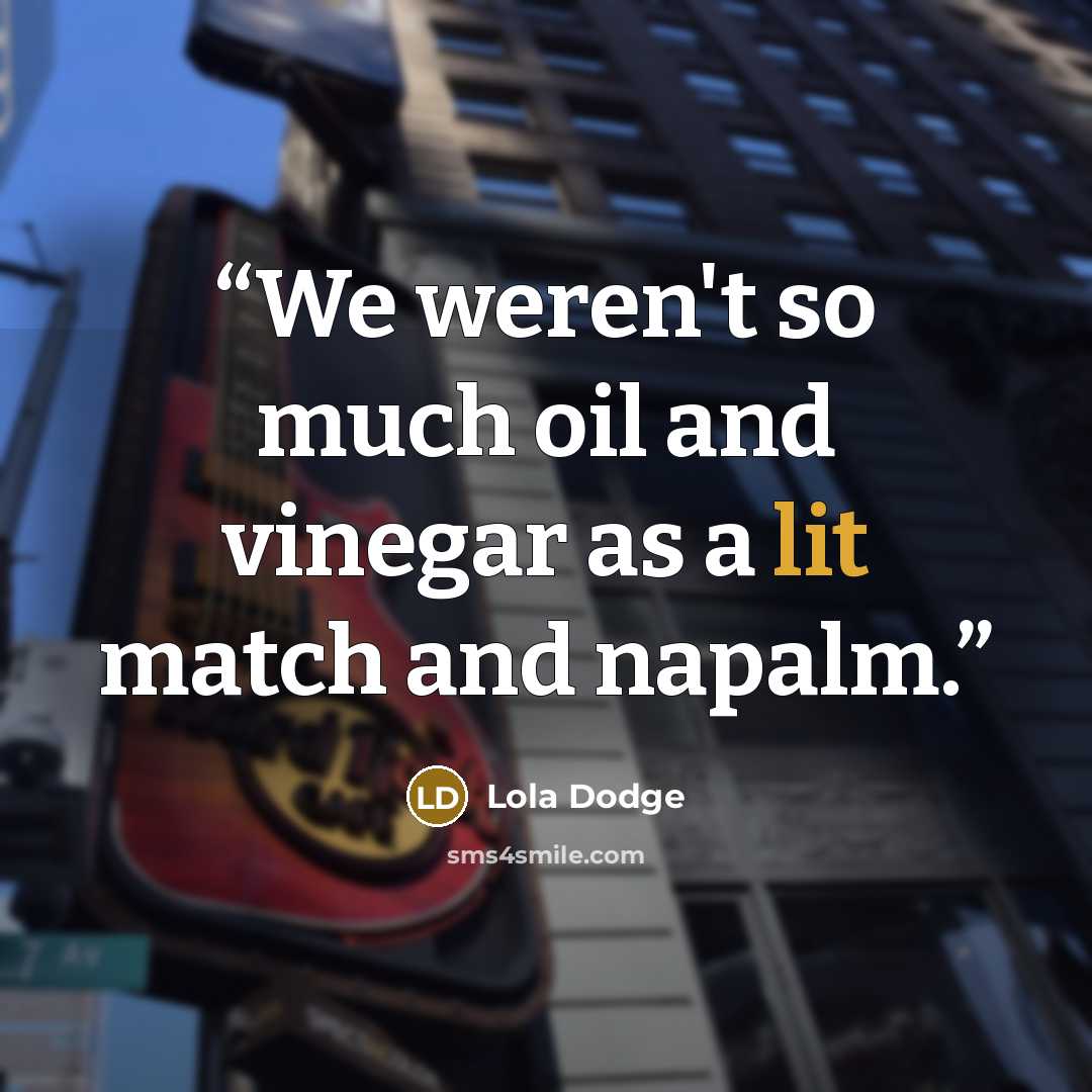 “We weren't so much oil and vinegar as a lit match and napalm.” quote by Lola Dodge