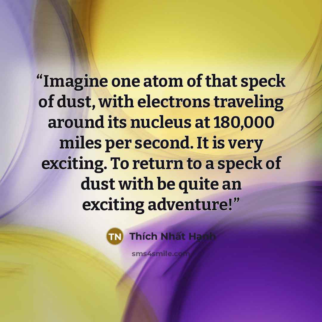 “Imagine one atom of that speck of dust, with electrons traveling around its nucleus at 180,000 miles per second. It is very exciting. To return to a speck of dust with be quite an exciting adventure!” quote by Thich Nhat Hanh