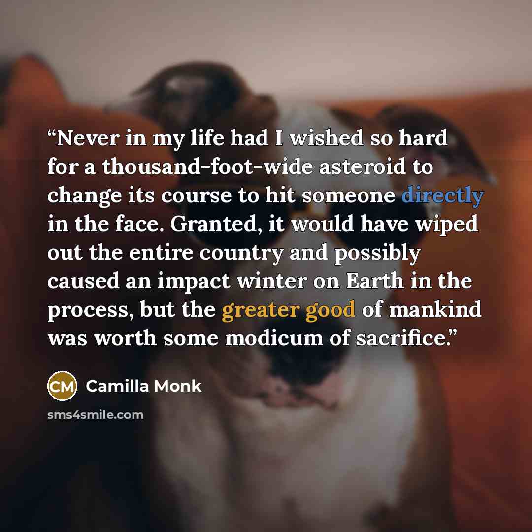 “Never in my life had I wished so hard for a thousand-foot-wide asteroid to change its course to hit someone directly in the face. Granted, it would have wiped out the entire country and possibly caused an impact winter on Earth in the process, but the greater good of mankind was worth some modicum…” quote by Camilla Monk