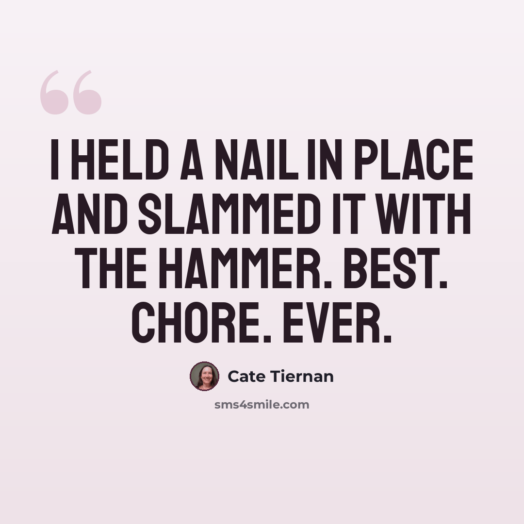 “I held a nail in place and slammed it with the hammer. Best. Chore. Ever.” quote by Cate Tiernan