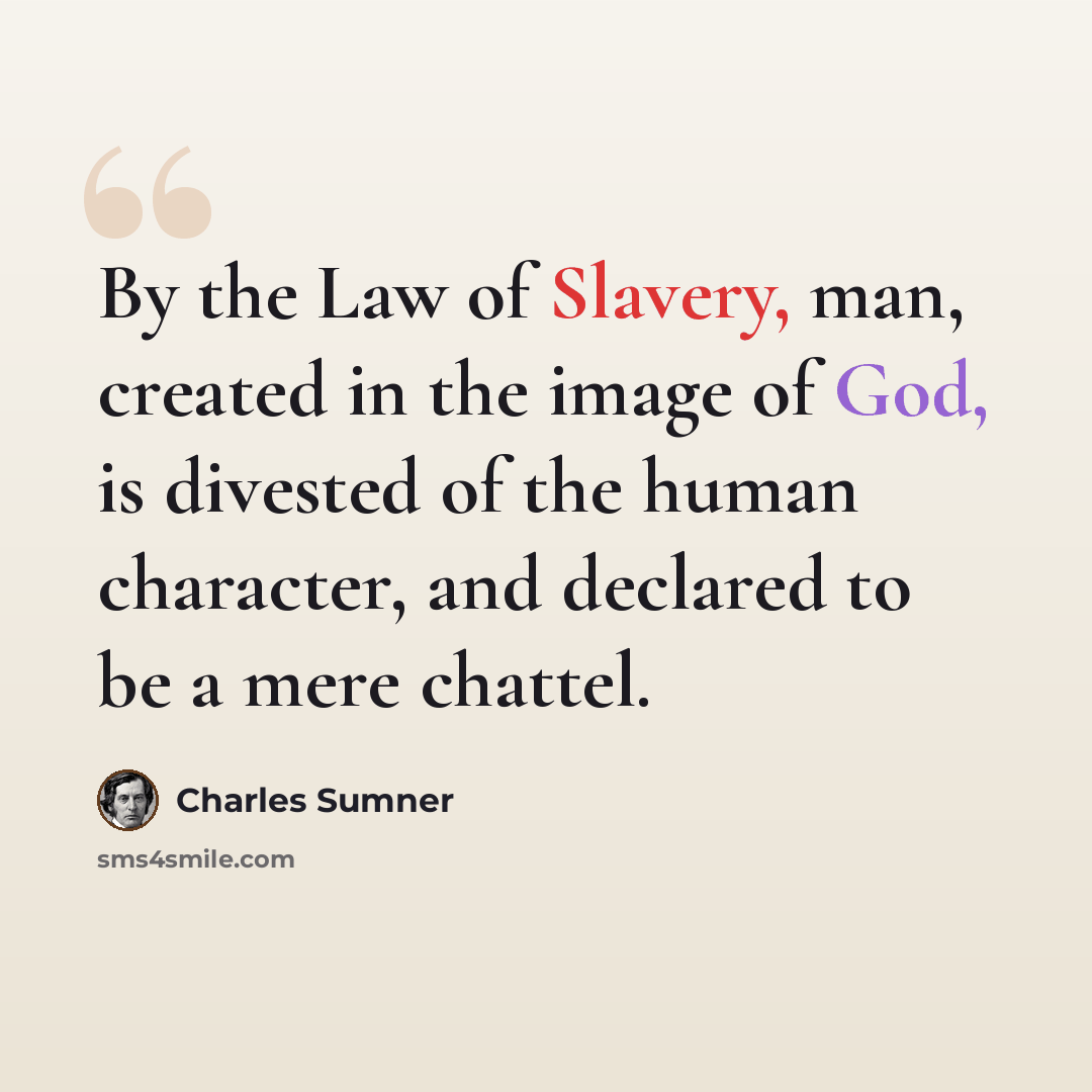 “By the Law of Slavery, man, created in the image of God, is divested of the human character, and declared to be a mere chattel.” quote by Charles Sumner