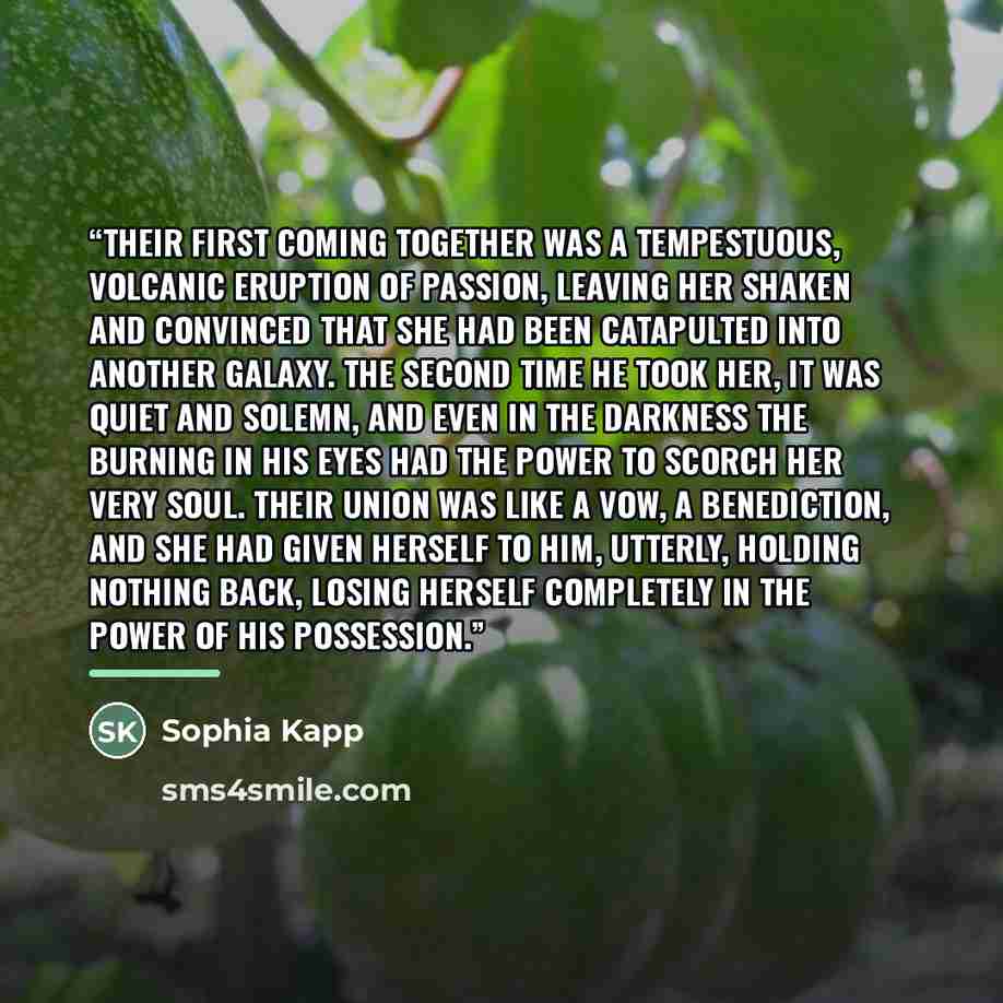 “Their first coming together was a tempestuous, volcanic eruption of passion, leaving her shaken and convinced that she had been catapulted into another galaxy. The second time he took her, it was quiet and solemn, and even in the darkness the burning in his eyes had the power to scorch her very…” quote by Sophia Kapp