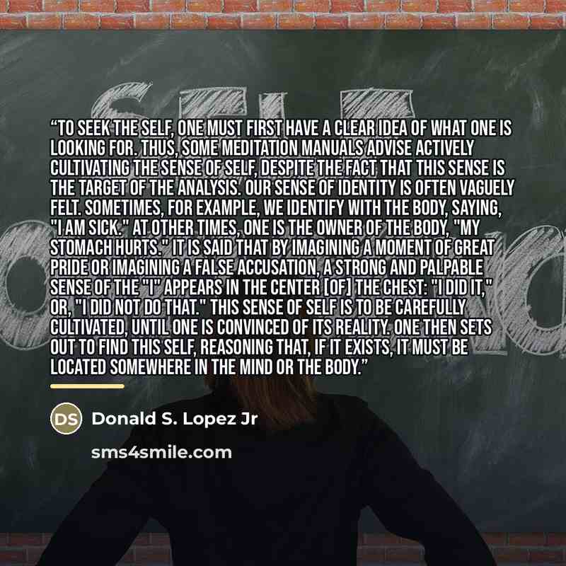 “To seek the self, one must first have a clear idea of what one is looking for. Thus, some meditation manuals advise actively cultivating the sense of self, despite the fact that this sense is the target of the analysis. Our sense of identity is often vaguely felt. Sometimes, for example, we…” quote by Donald S. Lopez Jr