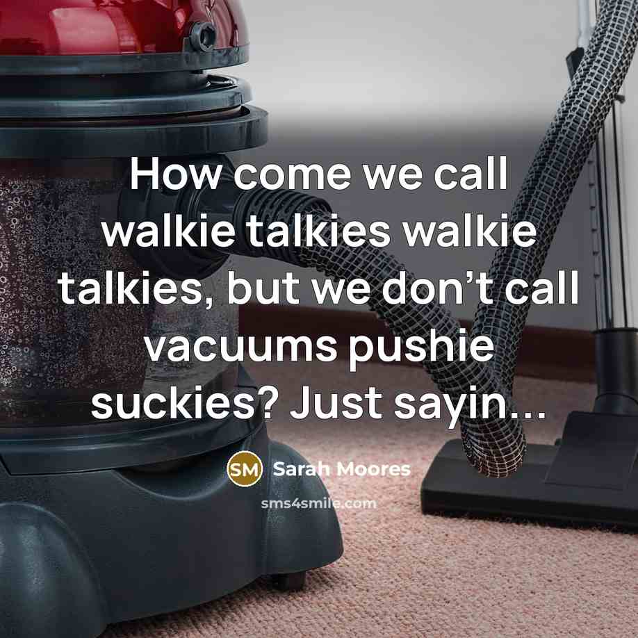 “How come we call walkie talkies walkie talkies, but we don't call vacuums pushie suckies? Just sayin...” quote by Sarah Moores