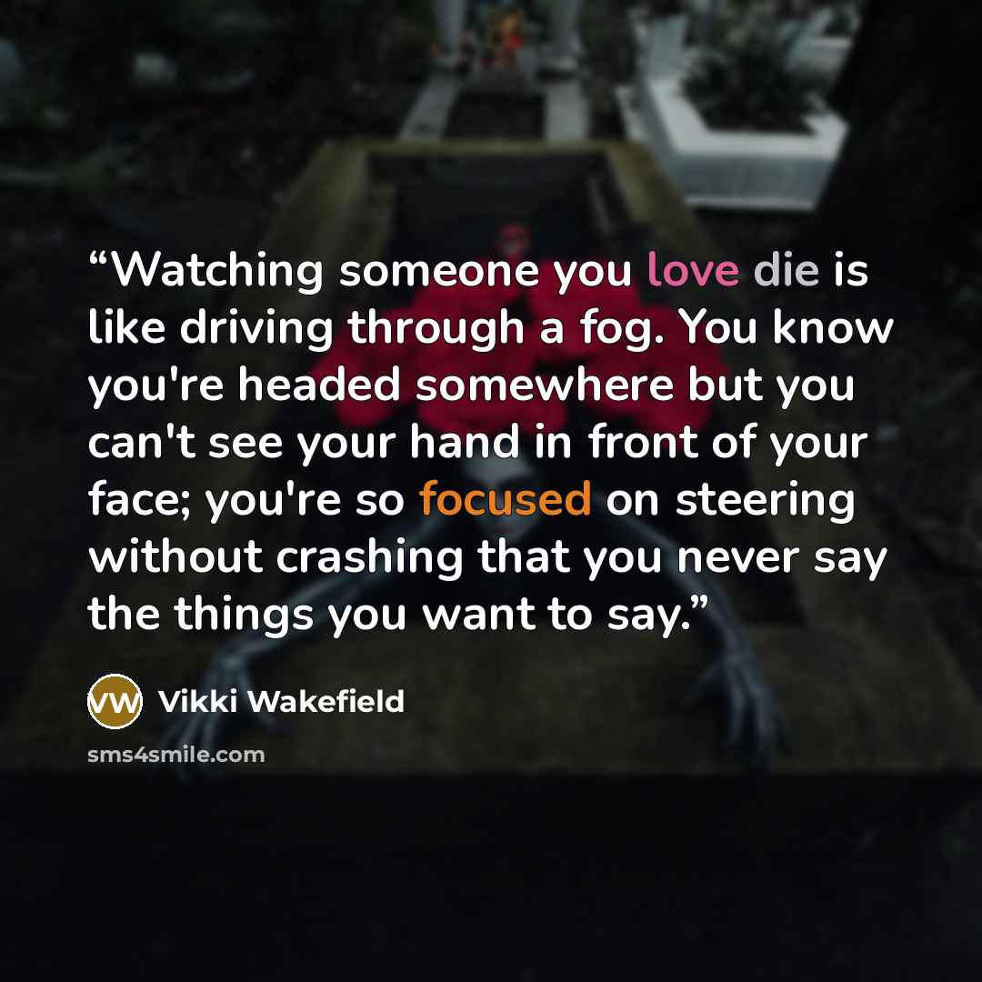 “Watching someone you love die is like driving through a fog. You know you're headed somewhere but you can't see your hand in front of your face; you're so focused on steering without crashing that you never say the things you want to say.” quote by Vikki Wakefield