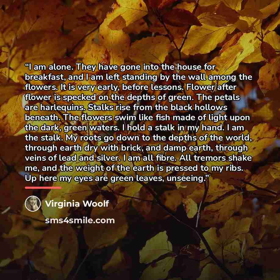 “I am alone. They have gone into the house for breakfast, and I am left standing by the wall among the flowers. It is very early, before lessons. Flower after flower is specked on the depths of green. The petals are harlequins. Stalks rise from the black hollows beneath. The flowers swim like fish…” quote by Virginia Woolf