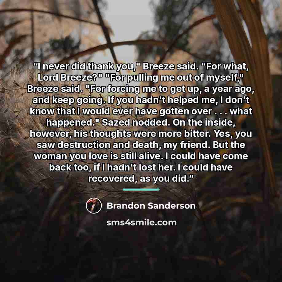 “I never did thank you," Breeze said. "For what, Lord Breeze?" "For pulling me out of myself," Breeze said. "For forcing me to get up, a year ago, and keep going. If you hadn't helped me, I don't know that I would ever have gotten over . . . what happened." Sazed nodded. On the inside, however, his…” quote by Brandon Sanderson