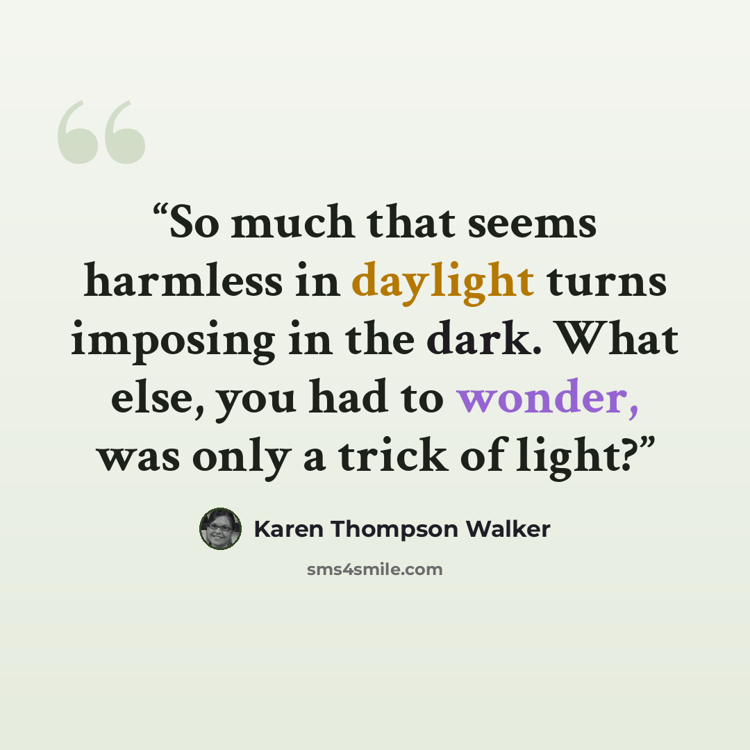“So much that seems harmless in daylight turns imposing in the dark. What else, you had to wonder, was only a trick of light?” quote by Karen Thompson Walker