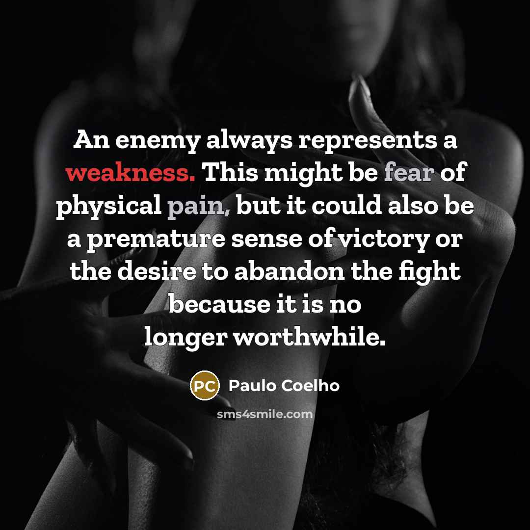 “An enemy always represents a weakness. This might be fear of physical pain, but it could also be a premature sense of victory or the desire to abandon the fight because it is no longer worthwhile.” quote by Paulo Coelho