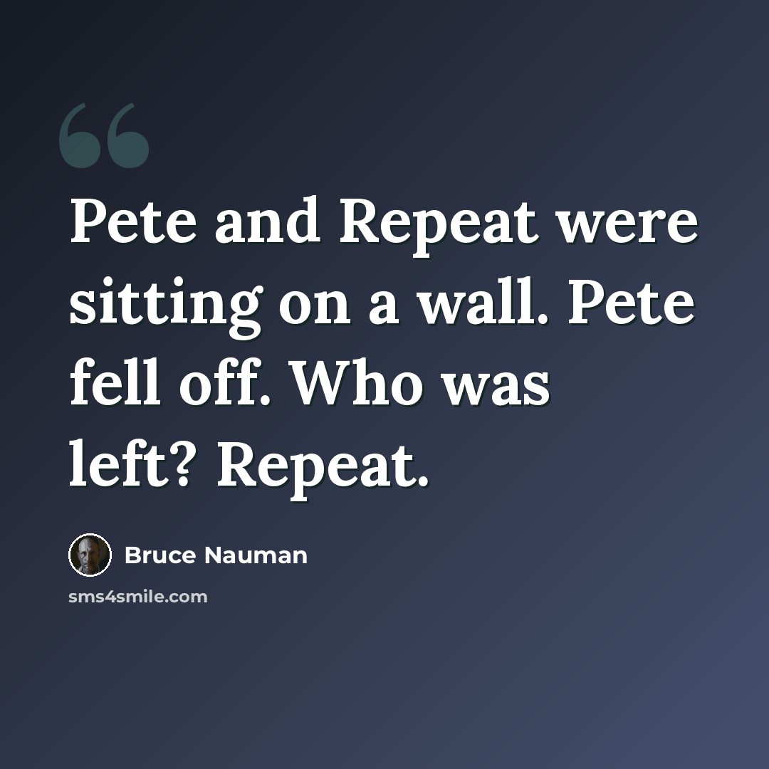 “Pete and Repeat were sitting on a wall. Pete fell off. Who was left? Repeat.” quote by Bruce Nauman