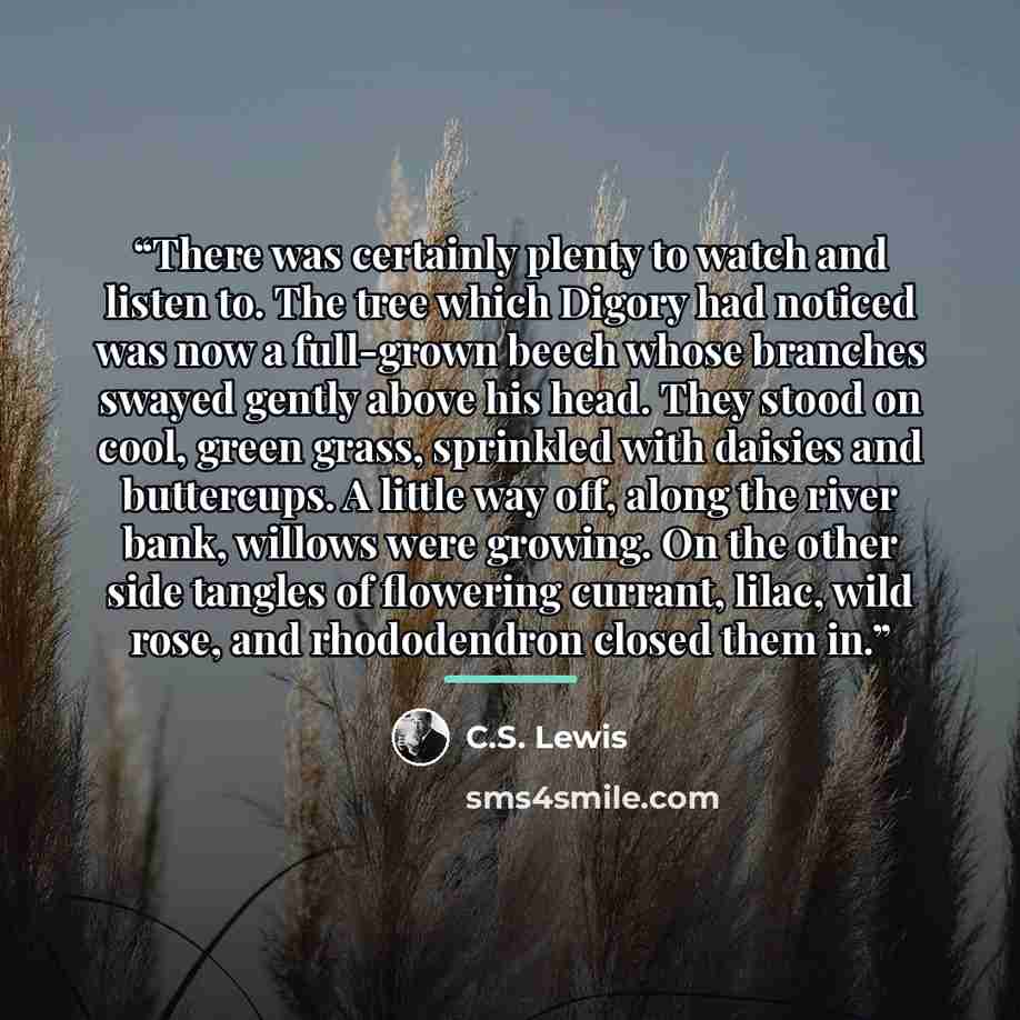 “There was certainly plenty to watch and listen to. The tree which Digory had noticed was now a full-grown beech whose branches swayed gently above his head. They stood on cool, green grass, sprinkled with daisies and buttercups. A little way off, along the river bank, willows were growing. On the…” quote by C.S. Lewis