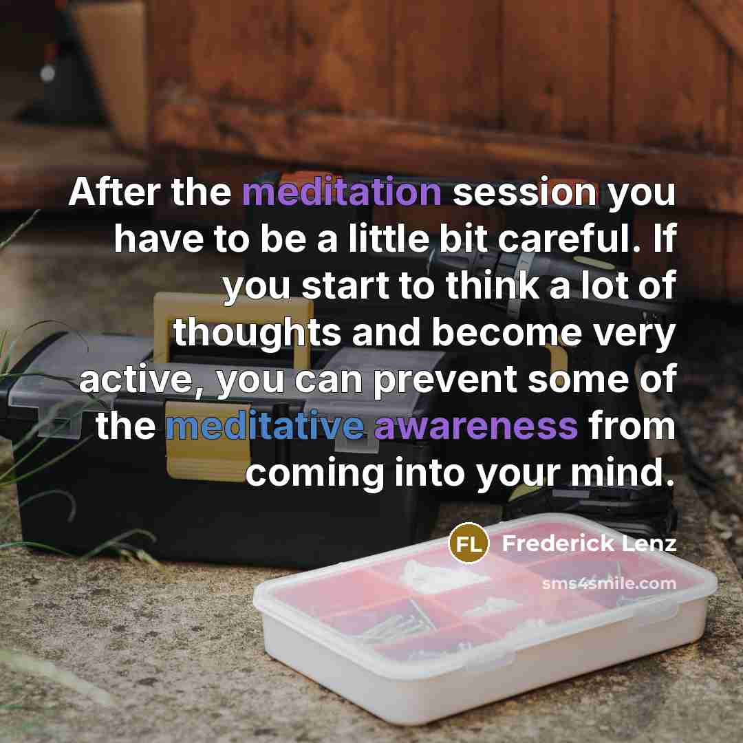 “After the meditation session you have to be a little bit careful. If you start to think a lot of thoughts and become very active, you can prevent some of the meditative awareness from coming into your mind.” quote by Frederick Lenz