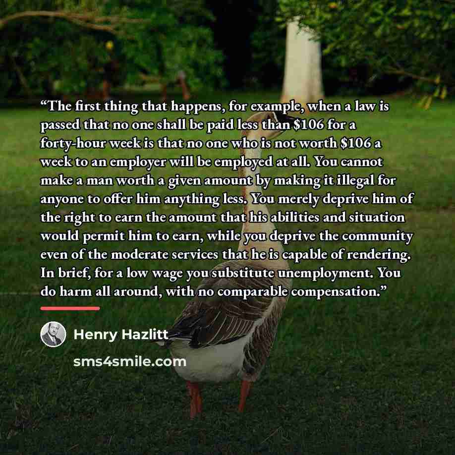 “The first thing that happens, for example, when a law is passed that no one shall be paid less than $106 for a forty-hour week is that no one who is not worth $106 a week to an employer will be employed at all. You cannot make a man worth a given amount by making it illegal for anyone to offer him…” quote by Henry Hazlitt