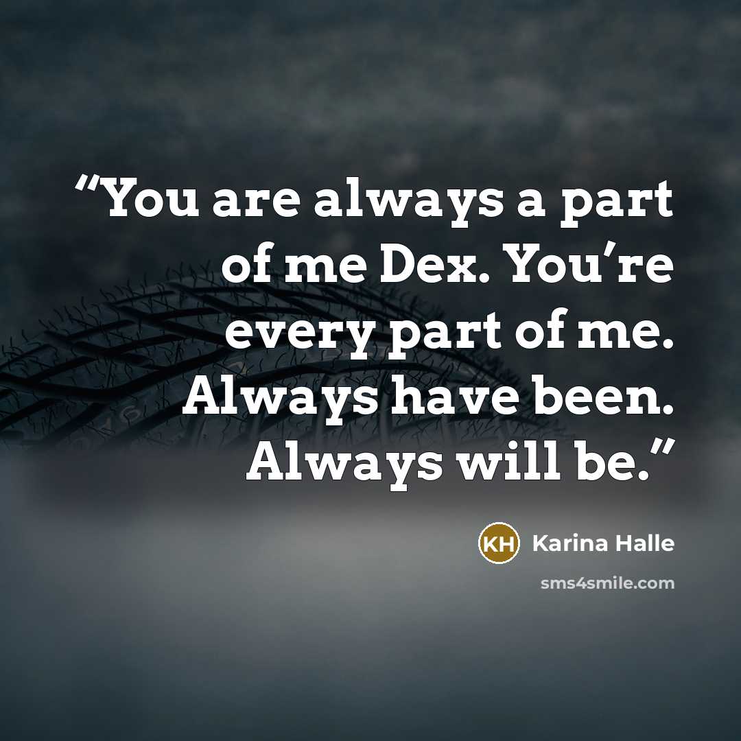 “You are always a part of me Dex. You’re every part of me. Always have been. Always will be.” quote by Karina Halle