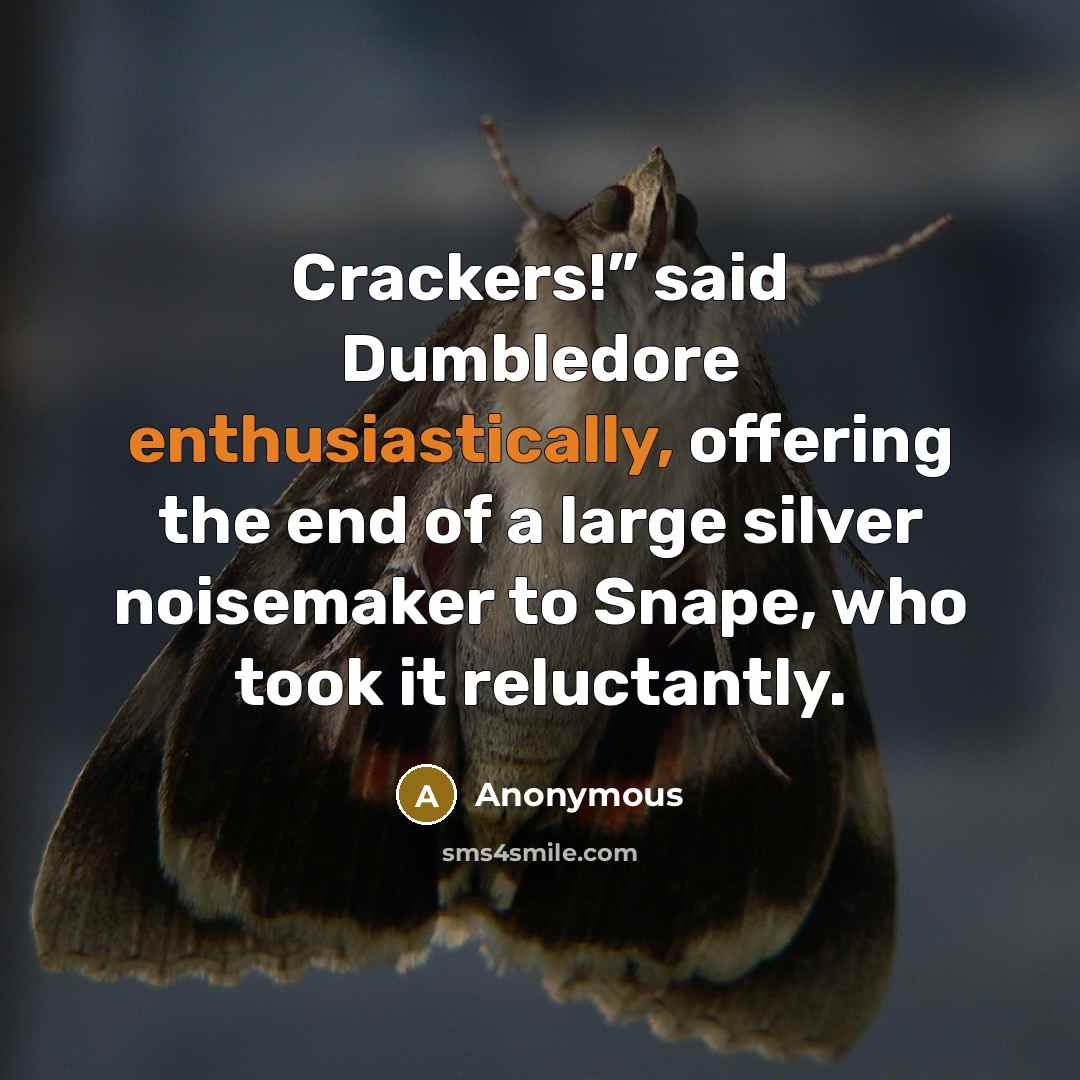 “Crackers!” said Dumbledore enthusiastically, offering the end of a large silver noisemaker to Snape, who took it reluctantly.” quote by Anonymous