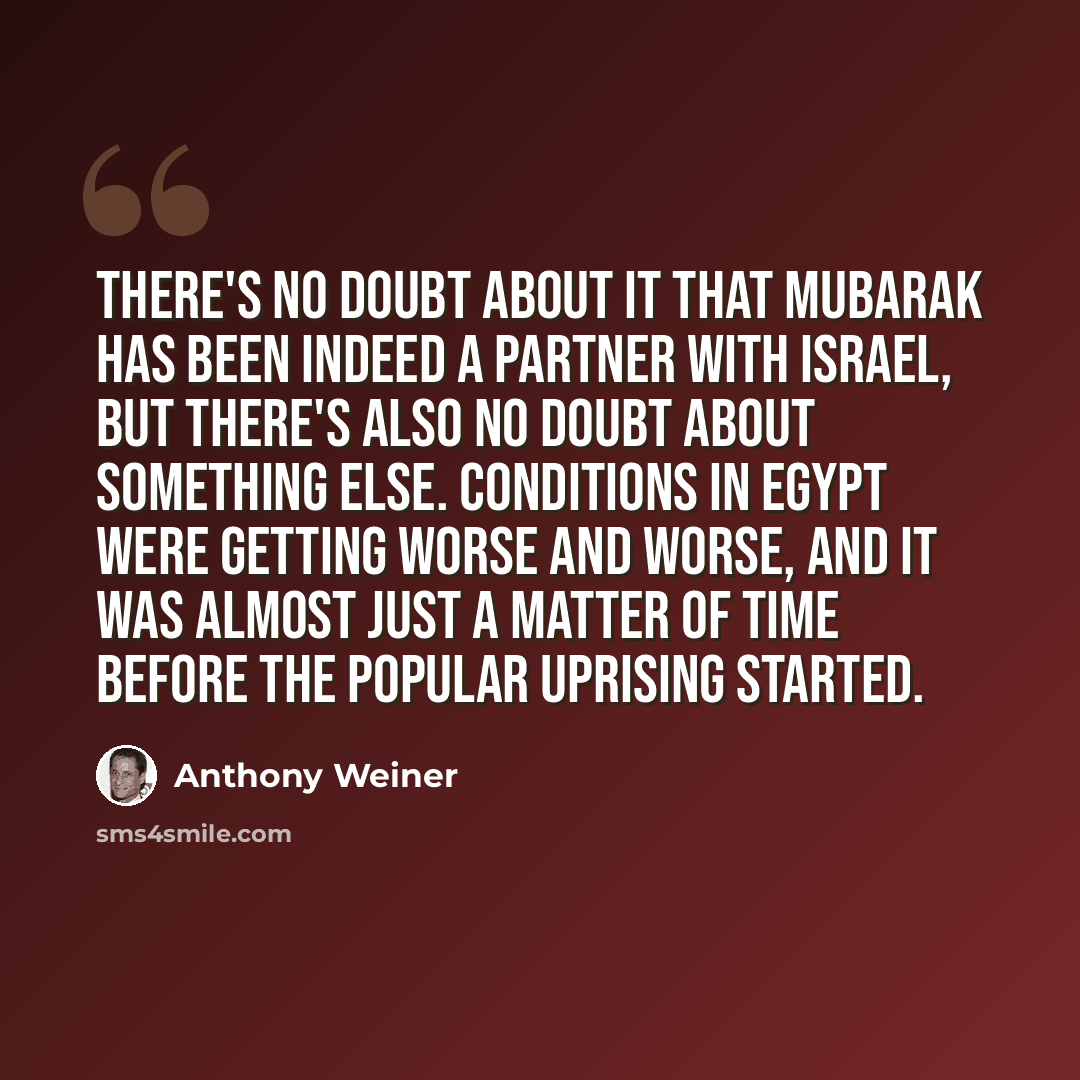 “There's no doubt about it that Mubarak has been indeed a partner with Israel, but there's also no doubt about something else. Conditions in Egypt were getting worse and worse, and it was almost just a matter of time before the popular uprising started.” quote by Anthony Weiner