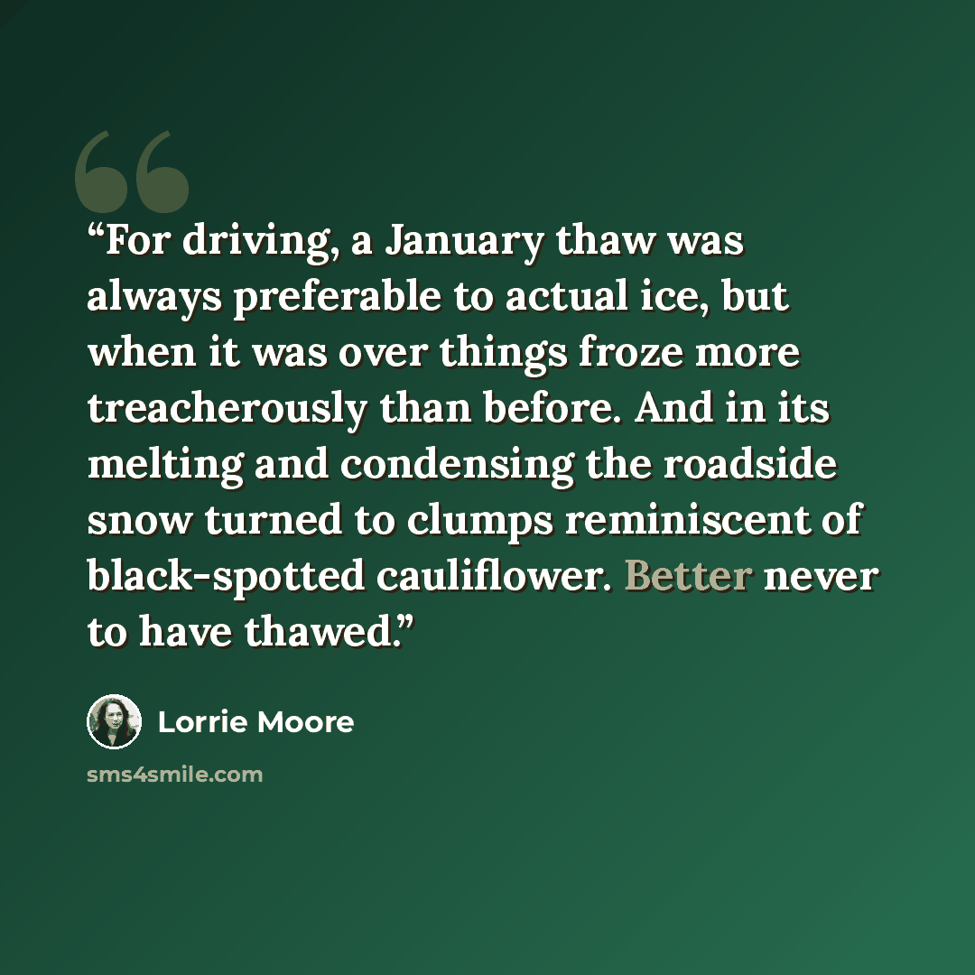 “For driving, a January thaw was always preferable to actual ice, but when it was over things froze more treacherously than before. And in its melting and condensing the roadside snow turned to clumps reminiscent of black-spotted cauliflower. Better never to have thawed.” quote by Lorrie Moore
