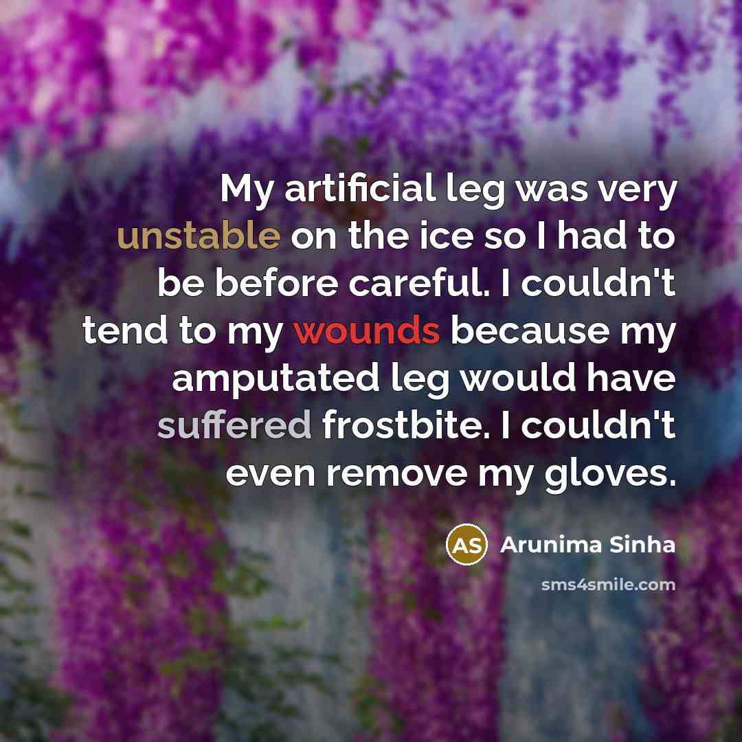 “My artificial leg was very unstable on the ice so I had to be before careful. I couldn't tend to my wounds because my amputated leg would have suffered frostbite. I couldn't even remove my gloves.” quote by Arunima Sinha