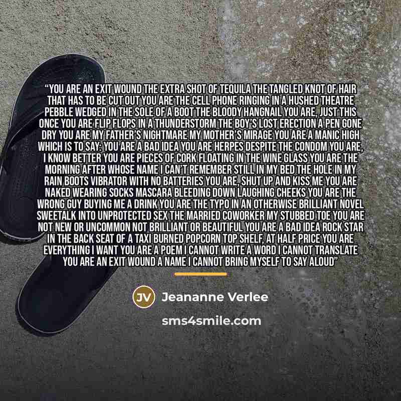 “you are an exit wound the extra shot of tequila the tangled knot of hair that has to be cut out you are the cell phone ringing in a hushed theatre pebble wedged in the sole of a boot the bloody hangnail you are, just this once you are flip flops in a thunderstorm the boy’s lost erection a pen gone…” quote by Jeananne Verlee
