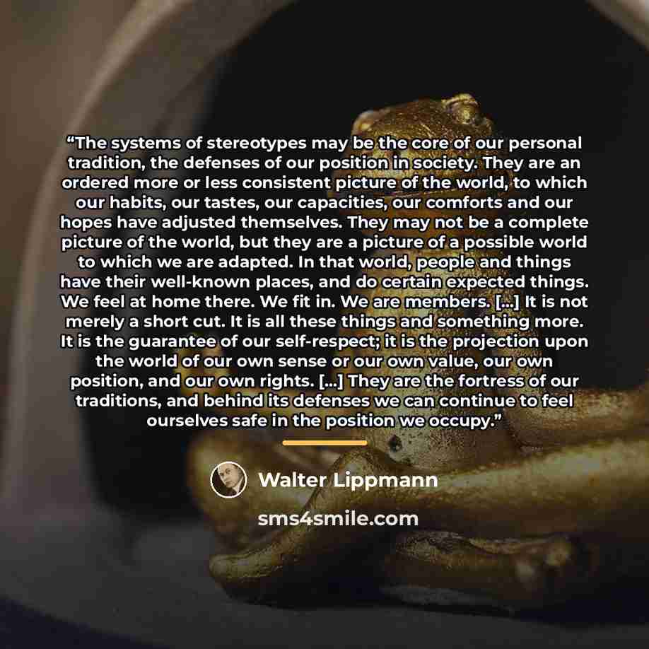 “The systems of stereotypes may be the core of our personal tradition, the defenses of our position in society. They are an ordered more or less consistent picture of the world, to which our habits, our tastes, our capacities, our comforts and our hopes have adjusted themselves. They may not be a…” quote by Walter Lippmann