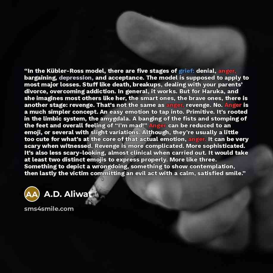 “In the Kübler-Ross model, there are five stages of grief: denial, anger, bargaining, depression, and acceptance. The model is supposed to apply to most major losses. Stuff like death, breakups, dealing with your parents’ divorce, overcoming addiction. In general, it works. But for Haruka, and she…” quote by A.D. Aliwat