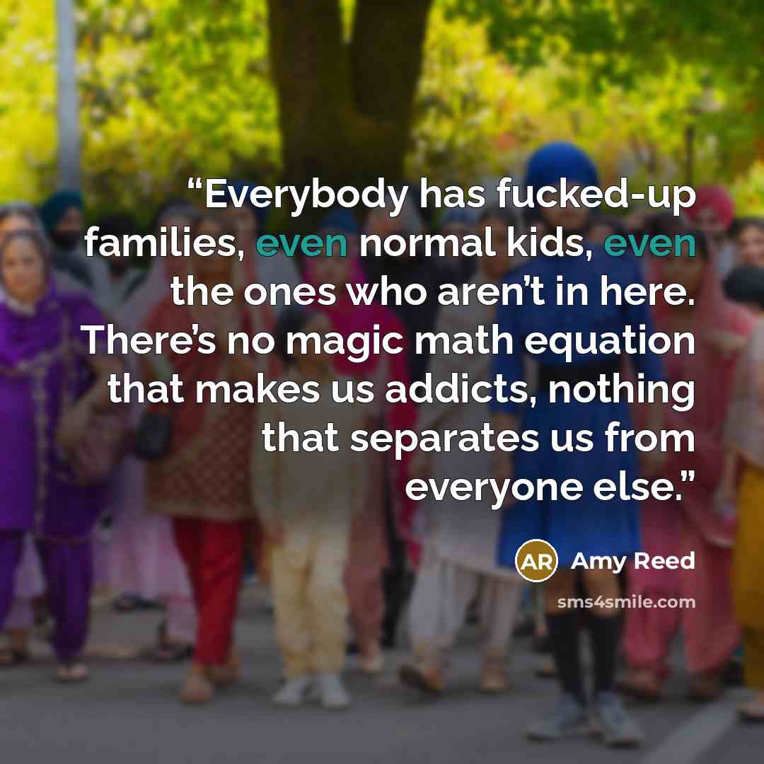 “Everybody has fucked-up families, even normal kids, even the ones who aren’t in here. There’s no magic math equation that makes us addicts, nothing that separates us from everyone else.” quote by Amy Reed