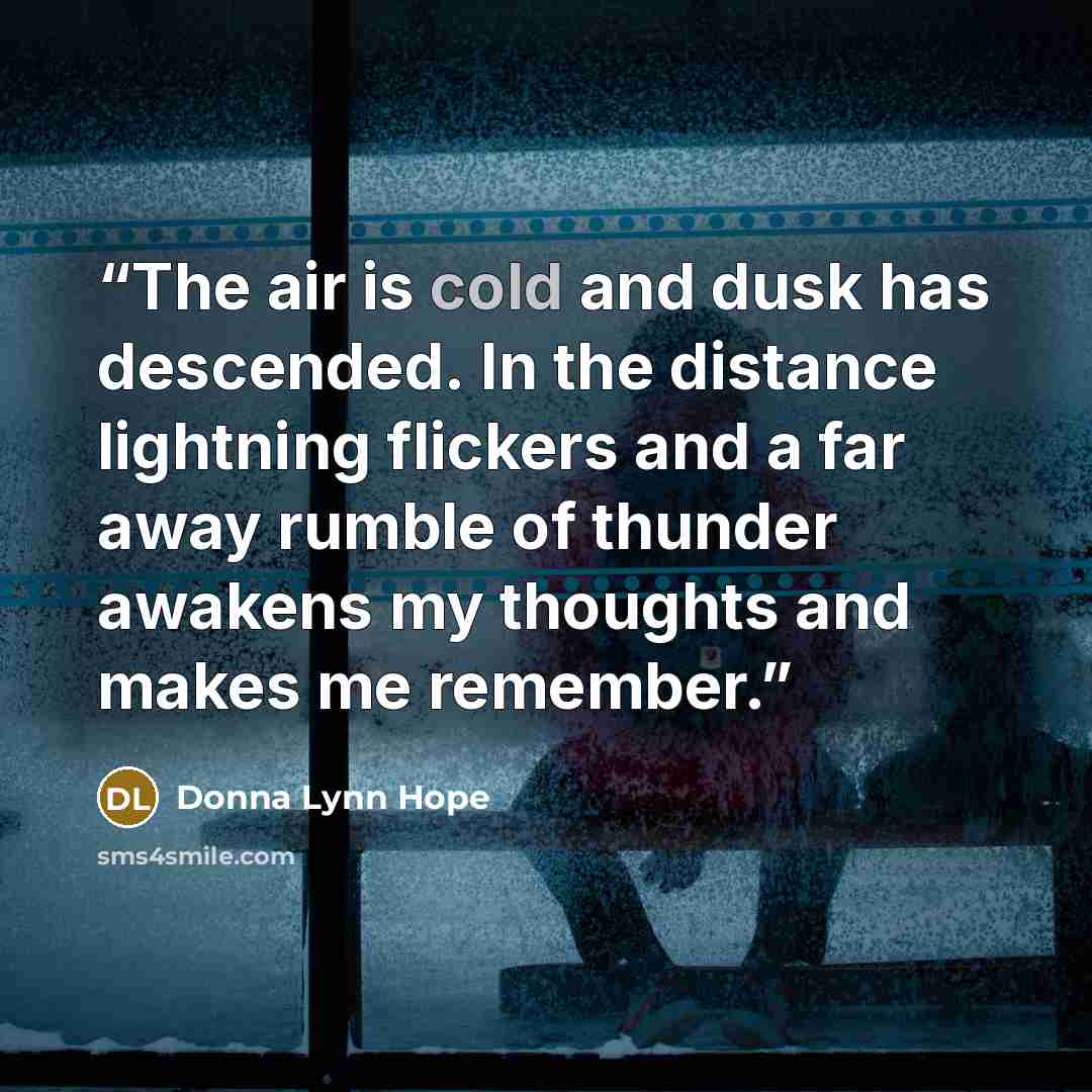 “The air is cold and dusk has descended. In the distance lightning flickers and a far away rumble of thunder awakens my thoughts and makes me remember.” quote by Donna Lynn Hope